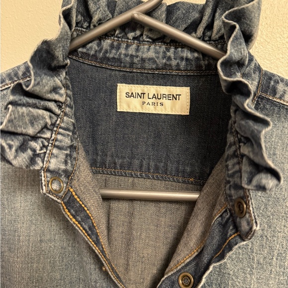 Saint Laurent Long Sleeve Denim Shirt with Ruffled Collar - Picture 5 of 8